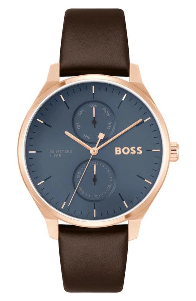 Gold-tone Watch With Blue Dial And Leather Strap Men's Watches In Brown Product Image