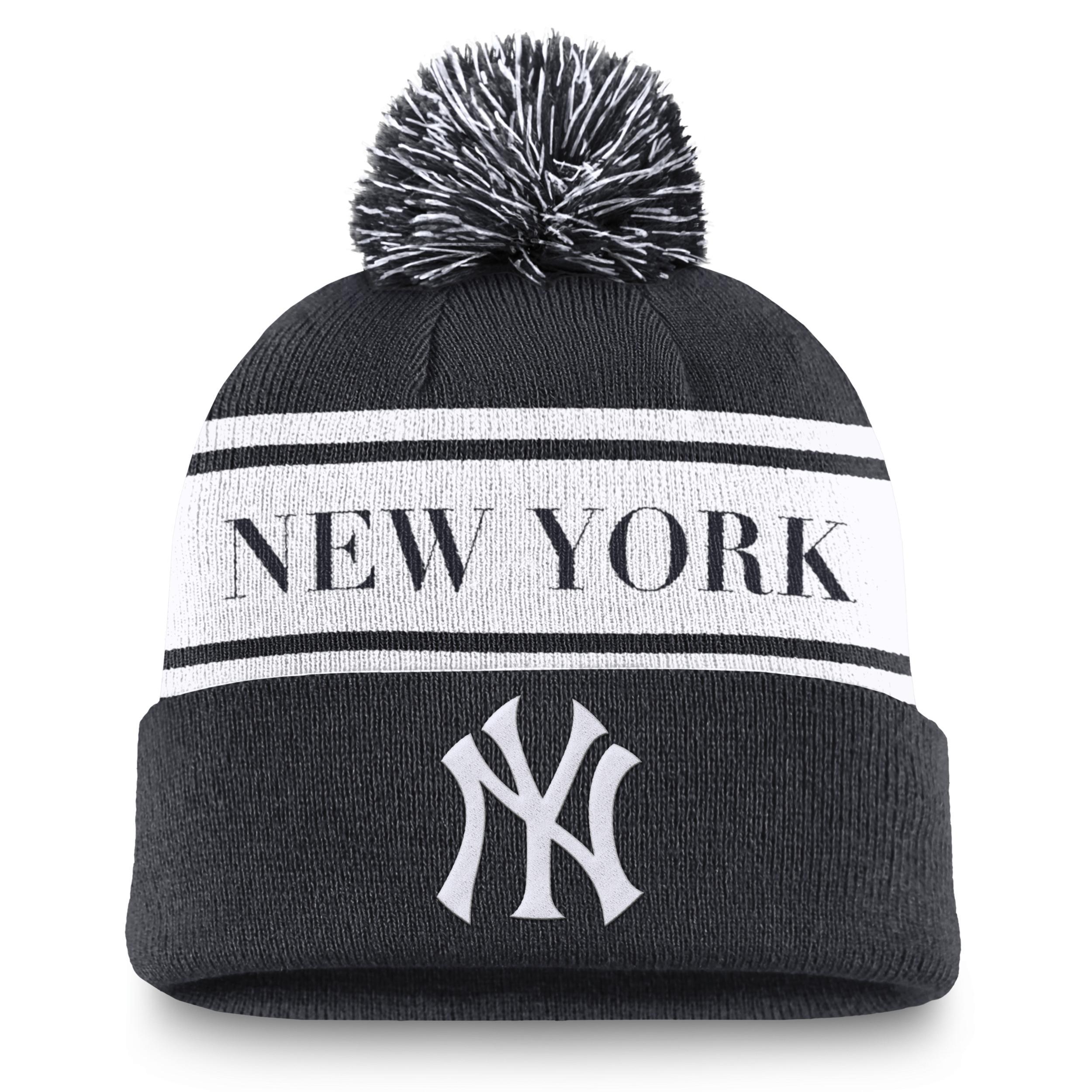 Mens Nike New York Yankees Team Stripe Peak Cuffed Knit Hat with Pom, Blue Product Image