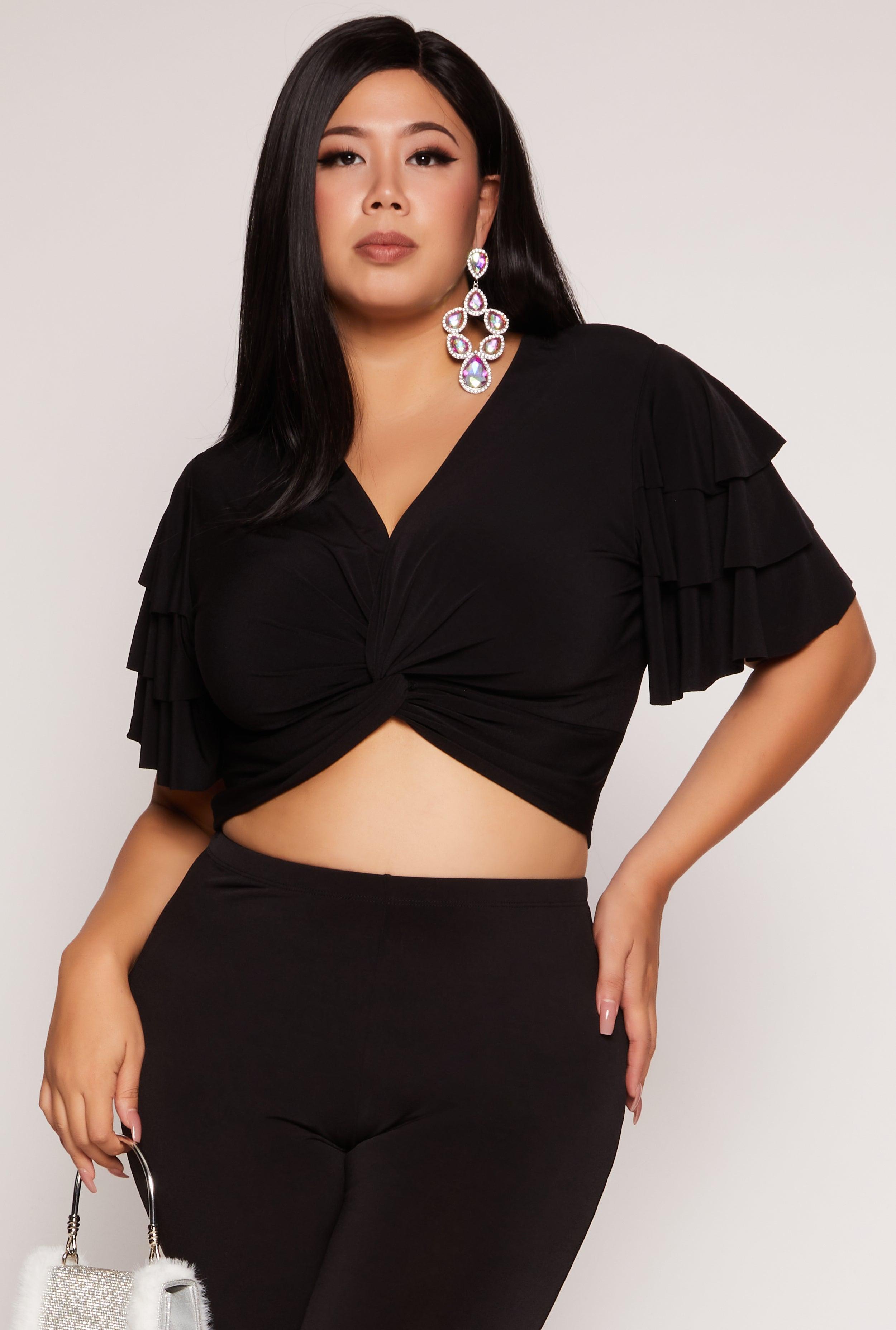 Womens Plus Size Tiered Sleeve Twist Front Crop Top Product Image