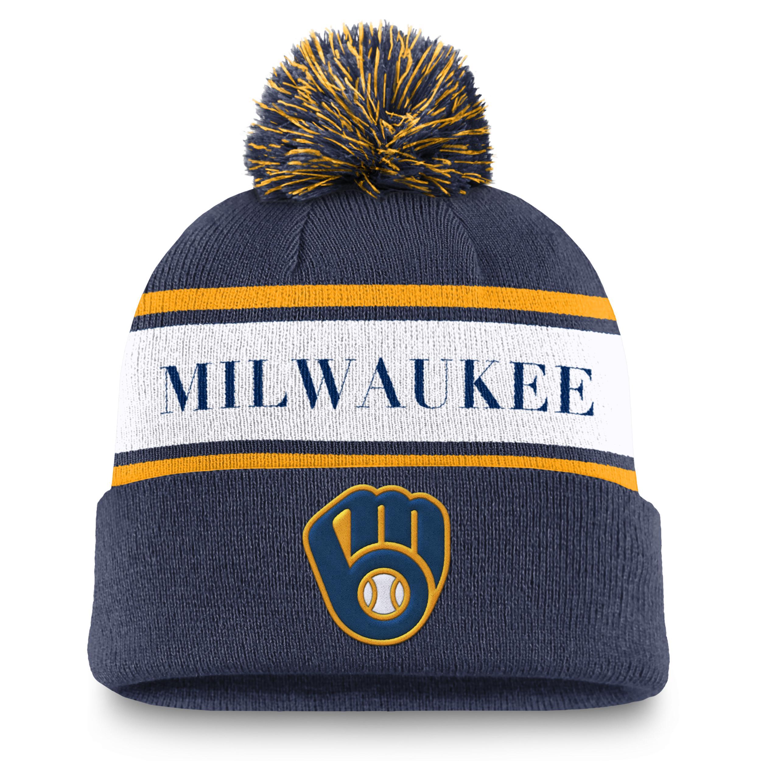 Mens Nike Milwaukee Brewers Team Stripe Peak Cuffed Knit Hat with Pom, Blue Product Image