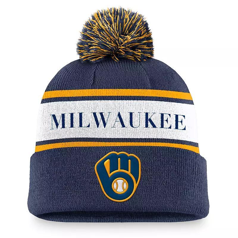 Mens Nike Milwaukee Brewers Team Stripe Peak Cuffed Knit Hat with Pom, Blue Product Image