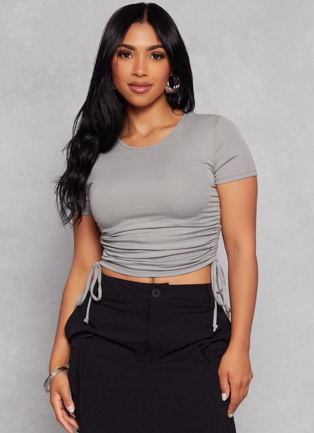 Womens Solid Crew Neck Ruched Side Crop Top Product Image