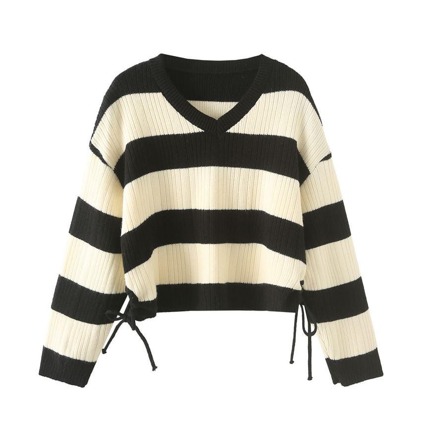 V-Neck Striped Drawstring Ribbed Sweater Product Image