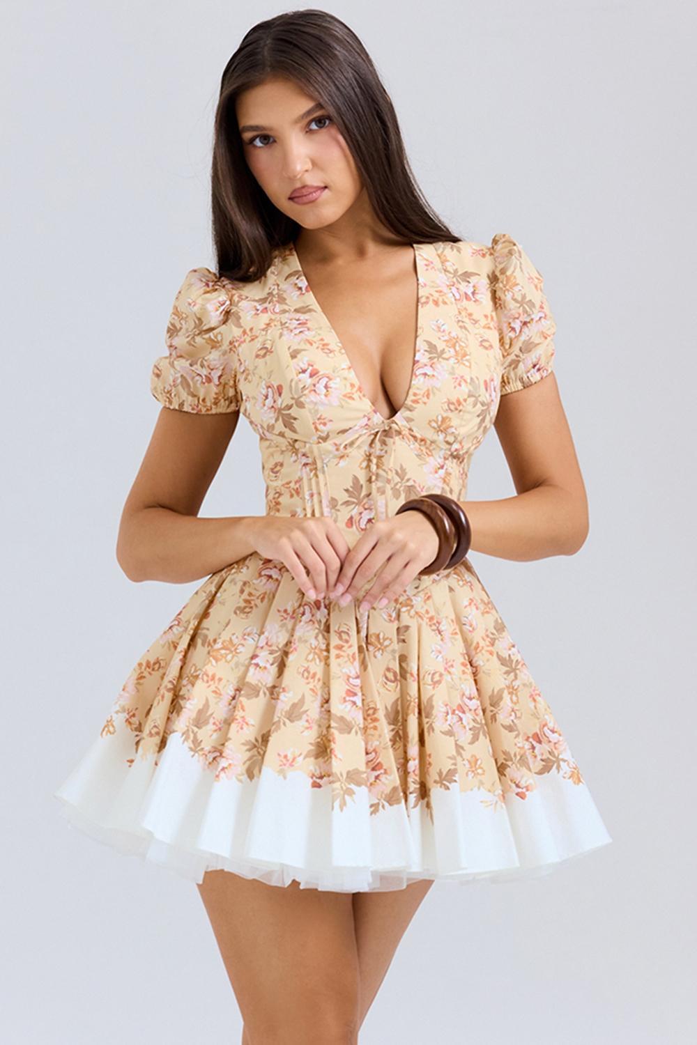 Imani Honeyflower Print Pleated Cotton Mini Dress Product Image