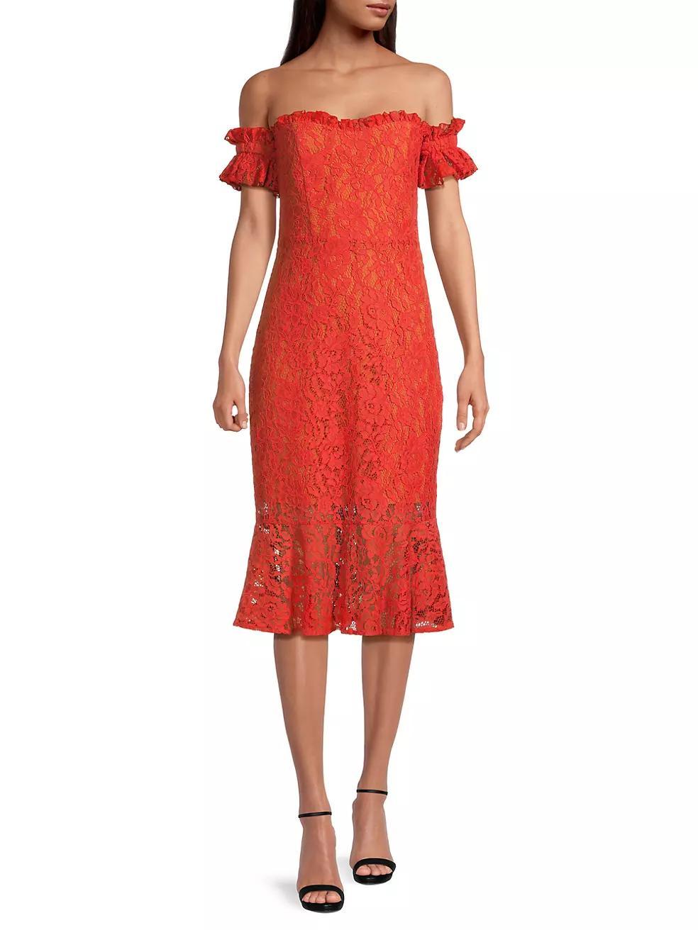 Off-The-Shoulder Lace Midi-Dress Product Image