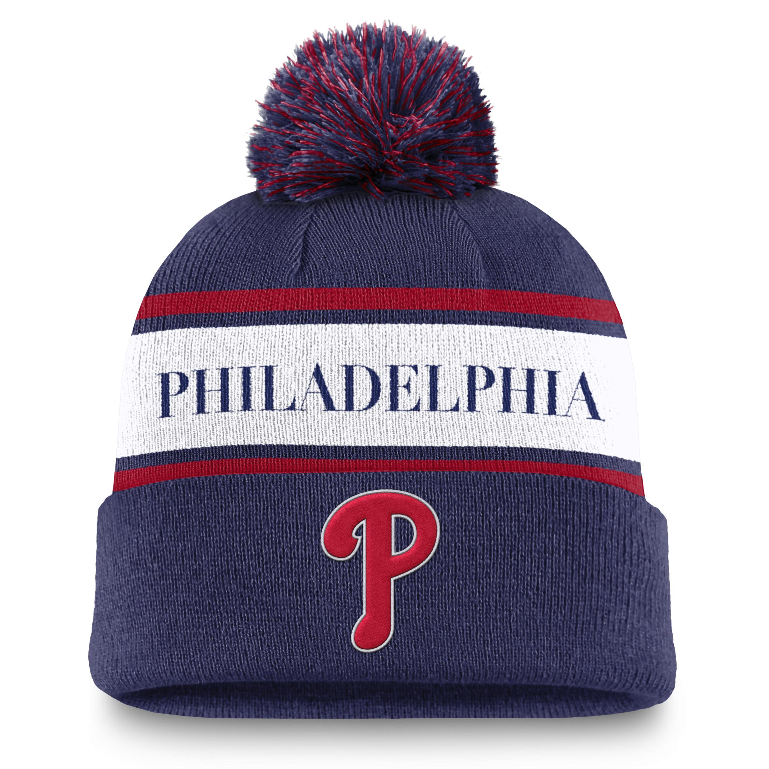 Philadelphia Phillies Team Stripe Peak Nike Mens MLB Cuffed Pom Beanie Product Image