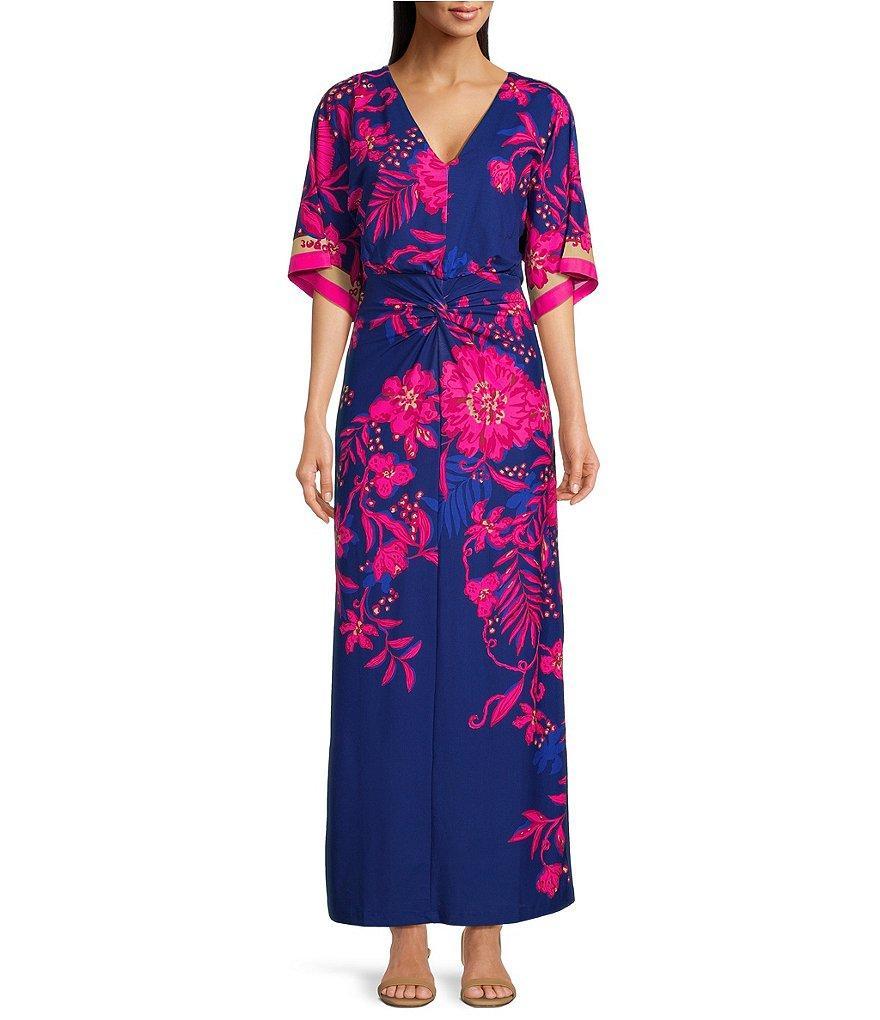 Lilly Pulitzer Adalyn Knit Floral Print V-Neck 3/4 Sleeve Twist Front Shift Dress Product Image