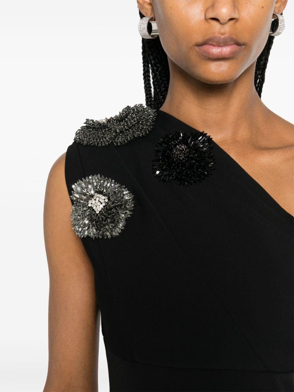 Crystal Flower Embroidered One-shoulder Mini Dress In Black Product Image