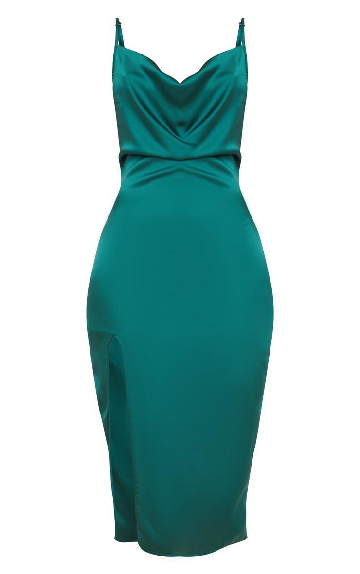 Emerald Green Strappy Satin Cowl Midi Dress Product Image