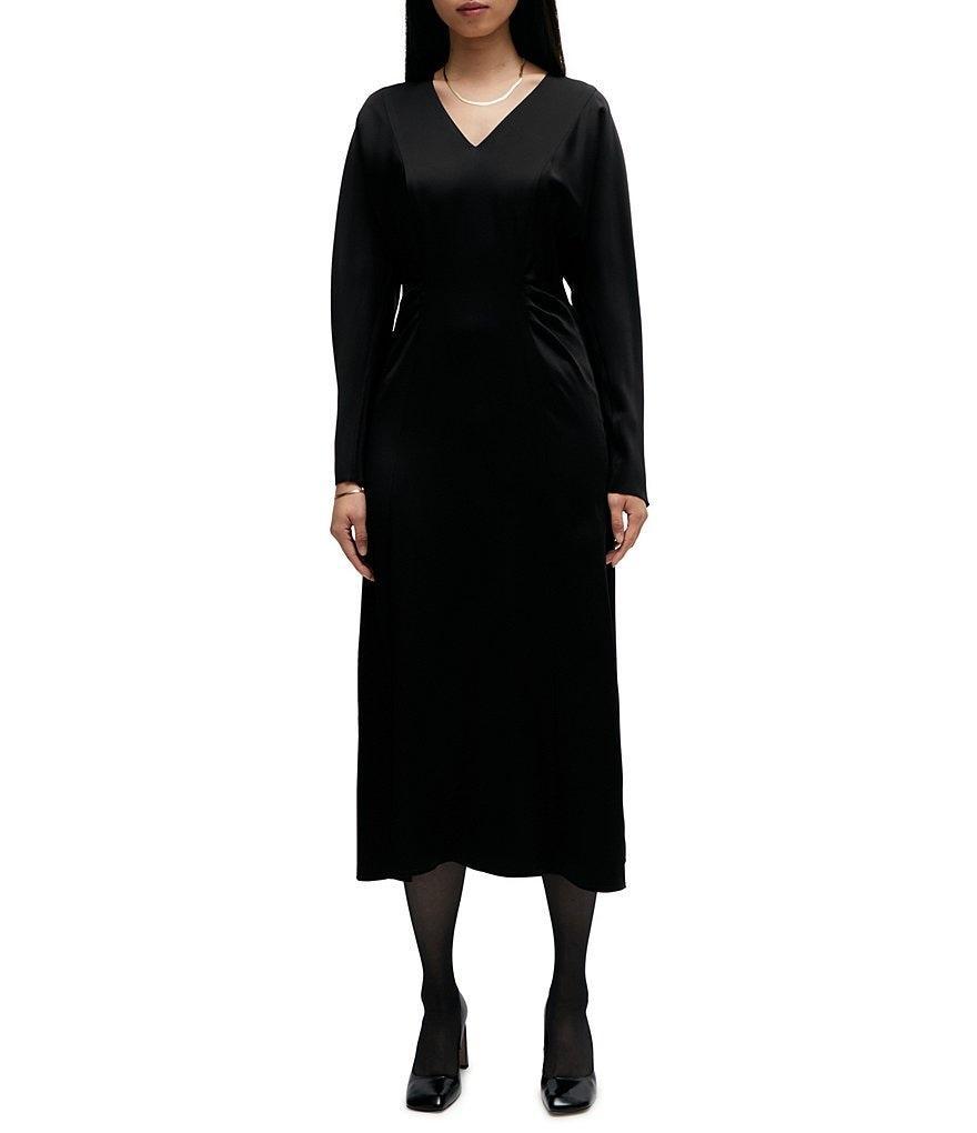 BOSS by Hugo Boss Daniki Woven Ruched V-Neck Long Sleeve Midi Sheath Dress Product Image