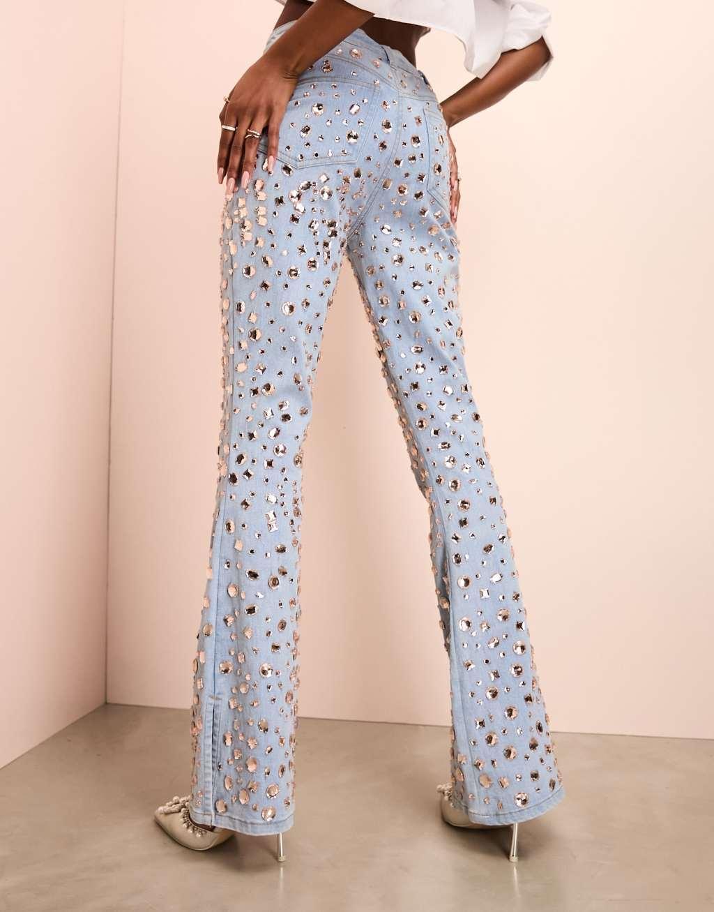 ASOS LUXE jewel embellished denim flared jeans in mid wash blue Product Image