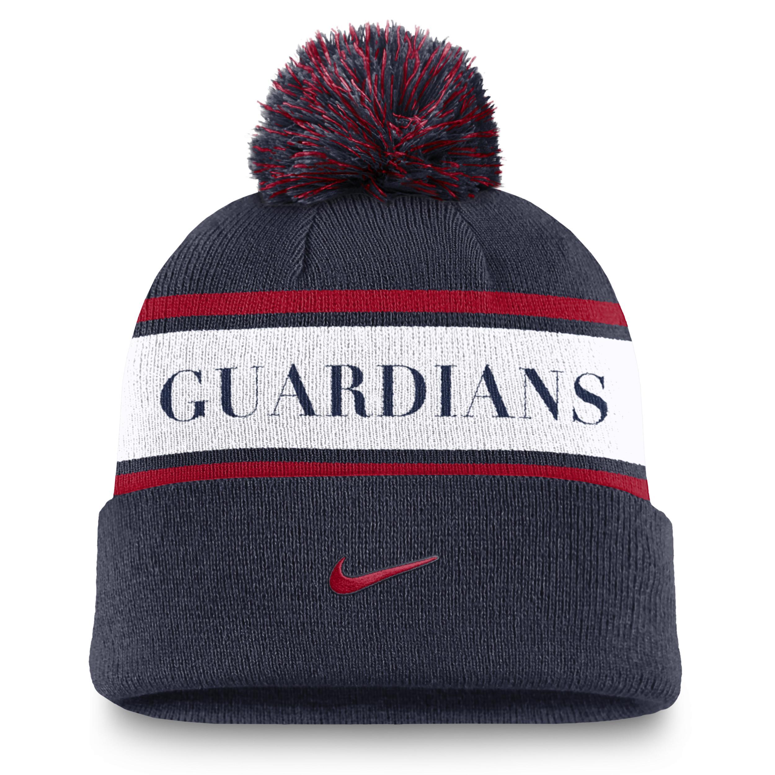 Mens Nike Navy Cleveland Guardians Team Stripe Peak Cuffed Knit Hat with Pom, Grd Blue Product Image