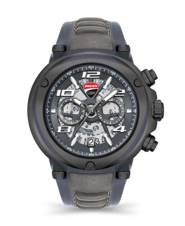 Ducati Corse Mens Partenza Collection Chronograph Timepiece Black Silicon with Gray Leather Strap Watch, 49mm Product Image