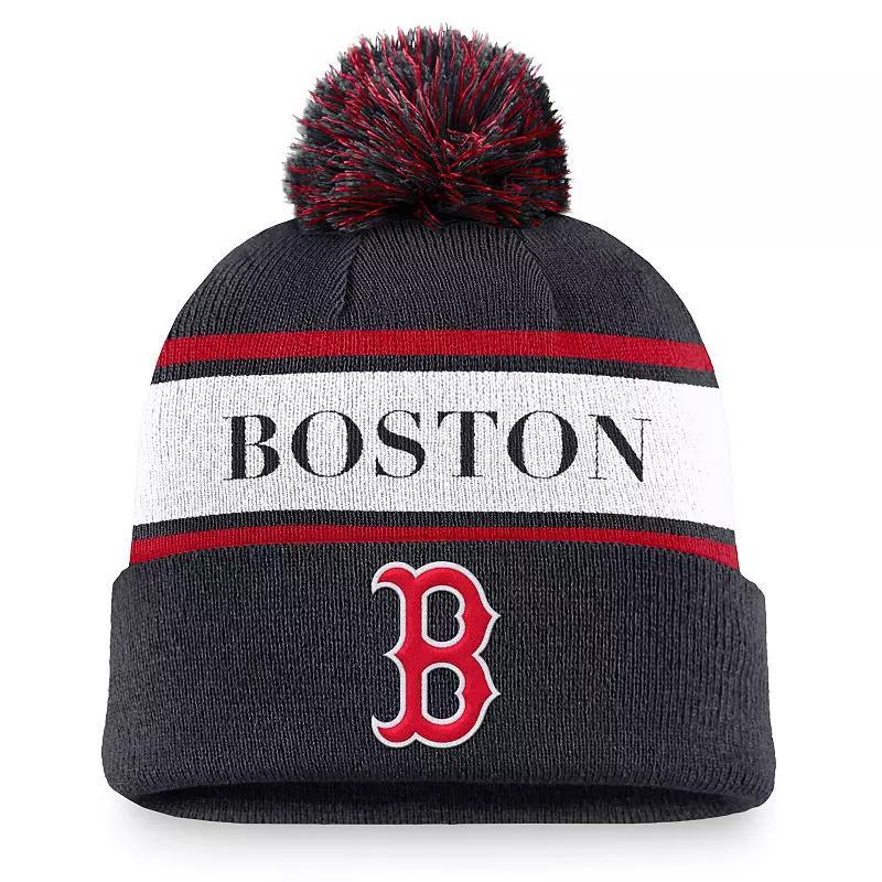 Mens Nike Boston Red Sox Team Stripe Peak Cuffed Knit Hat with Pom, Blue Product Image