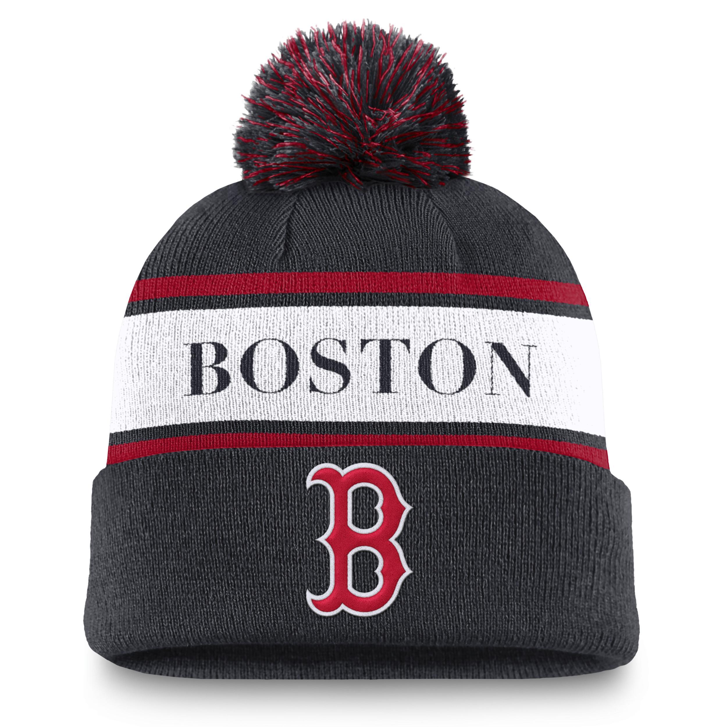 Mens Nike Boston Red Sox Team Stripe Peak Cuffed Knit Hat with Pom, Blue Product Image