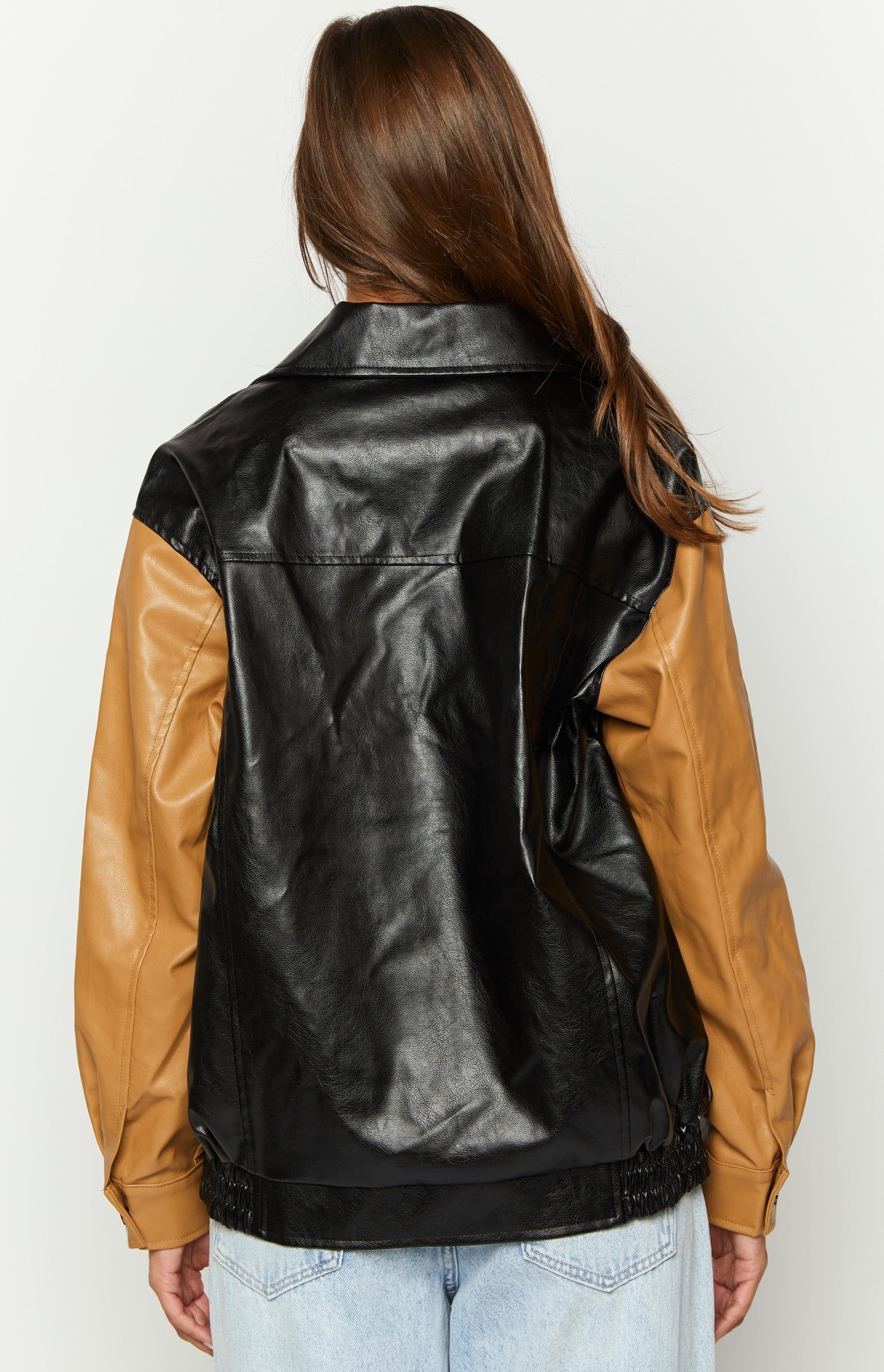 Abbi PU Black And Brown Contrast Bomber Jacket Product Image