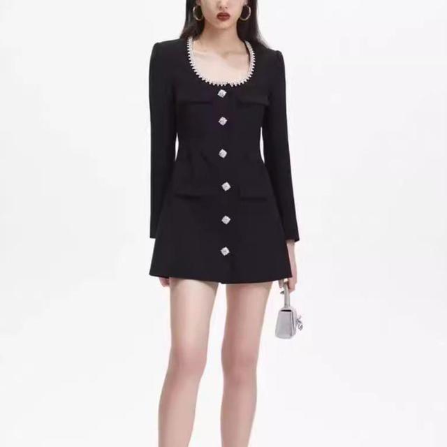 Long-Sleeve Scoop Neck Faux Pearl buttoned Mini A-Line Dress Product Image