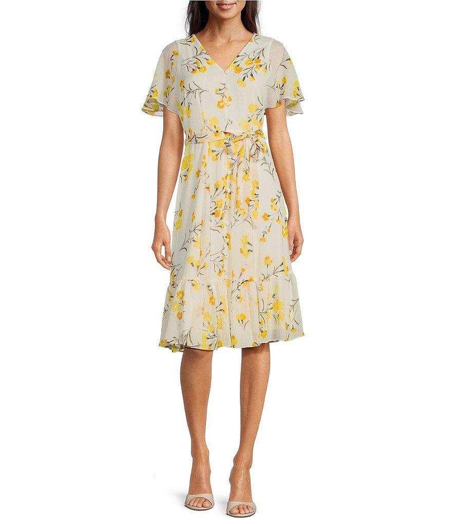 Calvin Klein Short Flutter Sleeve V-Neck Tie Waist Floral Dress Product Image