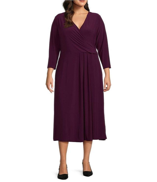 Investments Plus Size Soft Separates Surplice V-Neck 3/4 Sleeve Faux Wrap Midi Dress Product Image