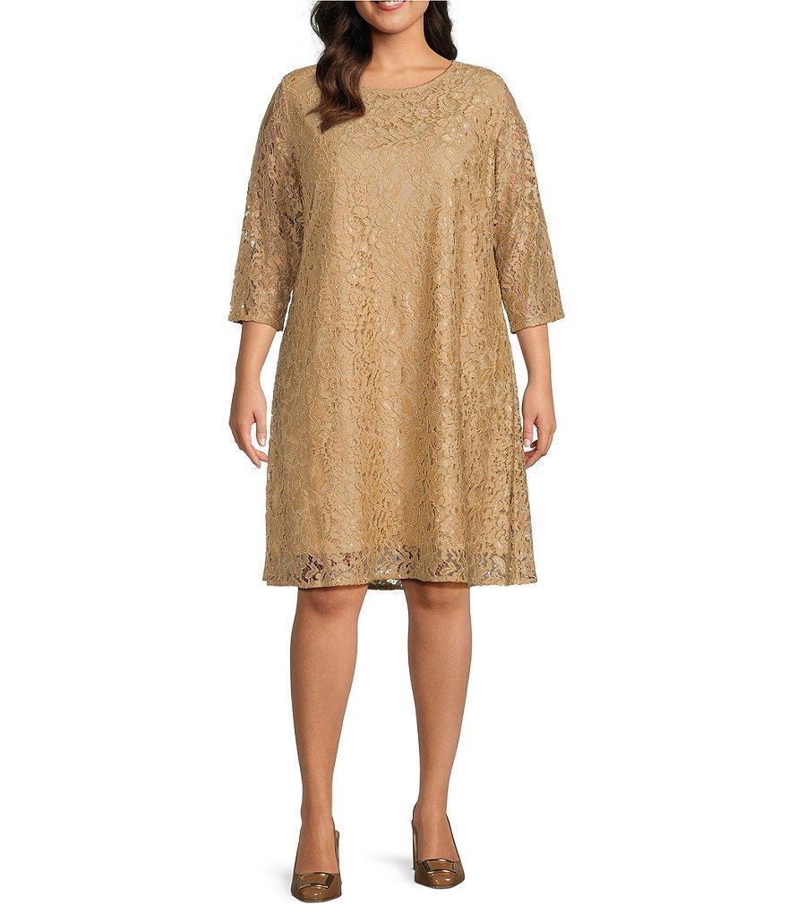 Caroline Plus Size Floral Lace Round Neck 3/4 Sleeve Bodice Lined Shift Dress Product Image