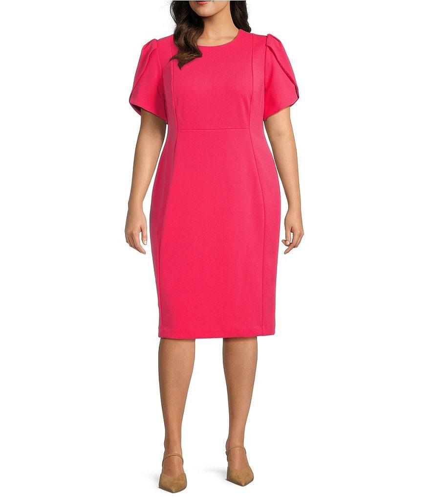 Calvin Klein Plus Size Scuba Crepe Short Petal Sleeve Crew Neck Knee Length Sheath Dress Product Image