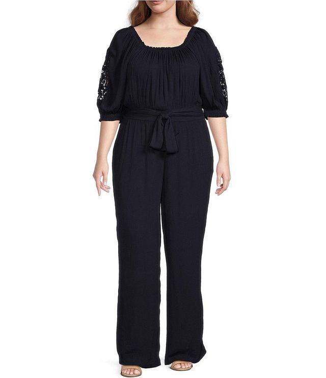 Jessica Simpson Plus Size Nadia Square Neck Lace Detail Elbow Sleeve Side Pocket Wide-Leg Belted Jumpsuit Product Image