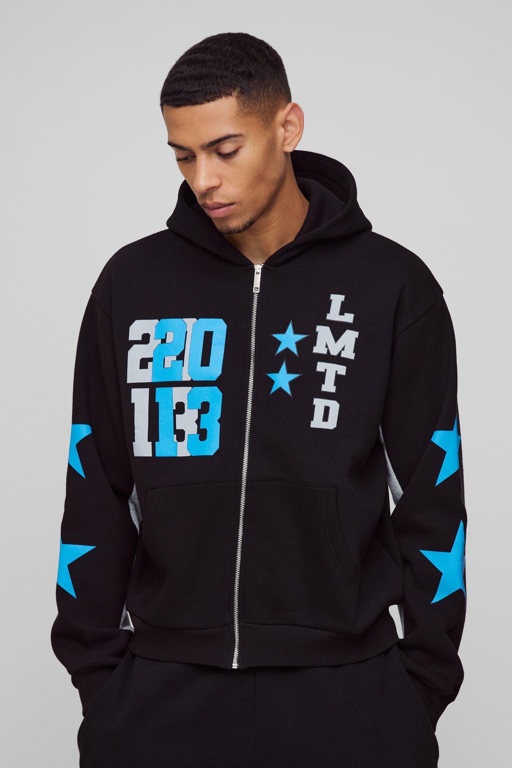 Oversized Boxy Ltd Edt Varsity Printed Zip Through Hoodie | boohooMAN USA Product Image