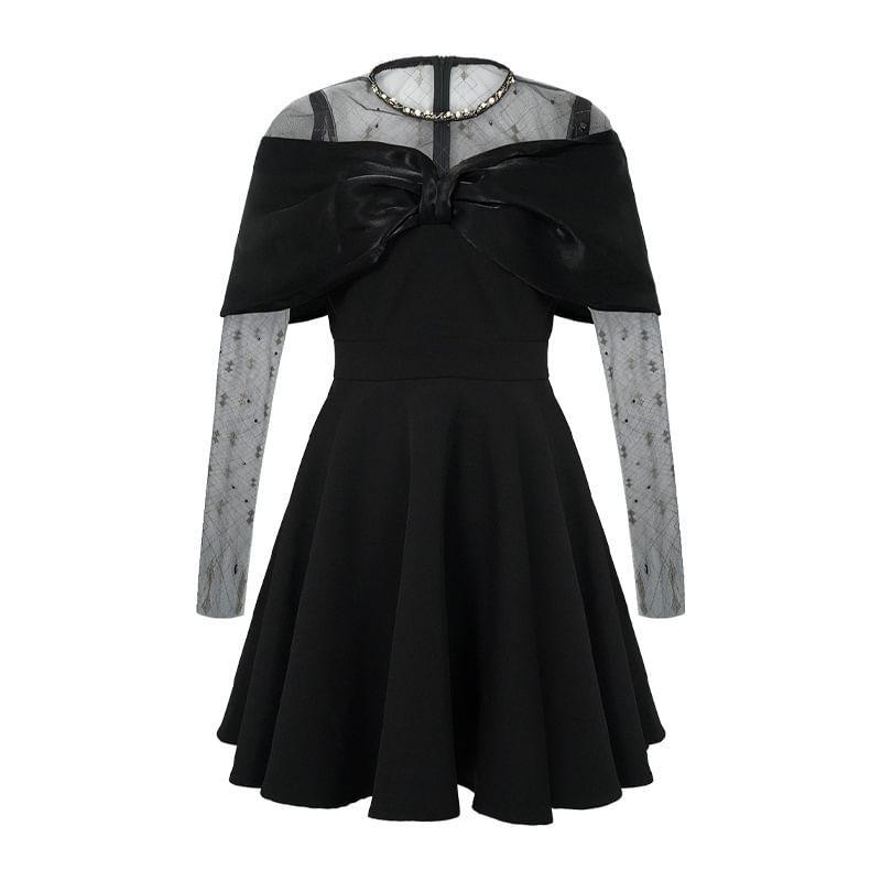 Long-Sleeve Round Neck Mesh Panel Mini A-Line Dress Product Image