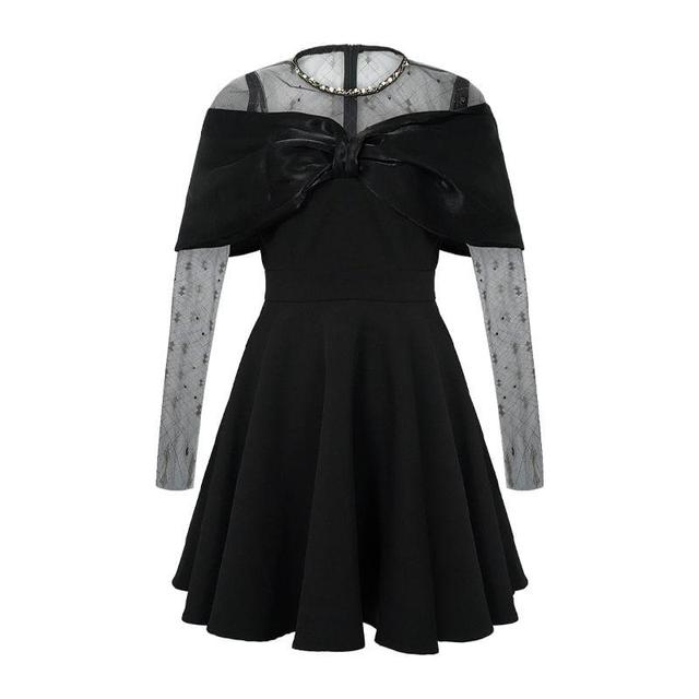 Long-Sleeve Round Neck Mesh Panel Mini A-Line Dress Product Image