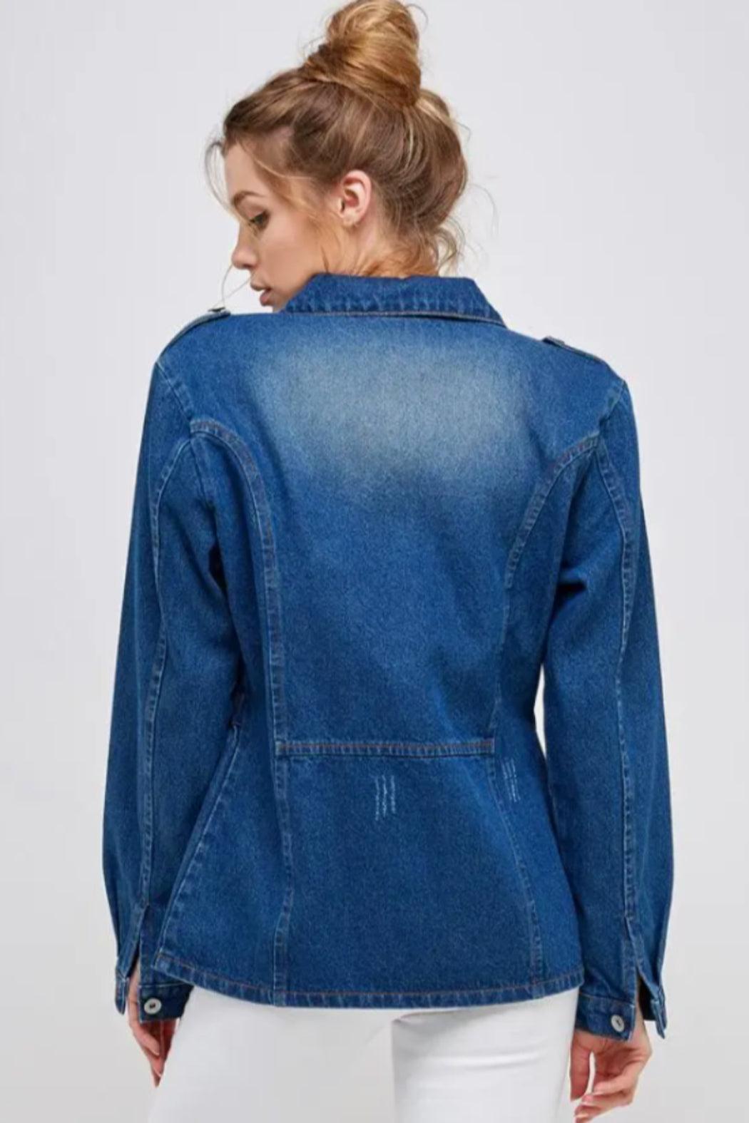 Women's Half Zipper Distressed Denim Jacket Product Image