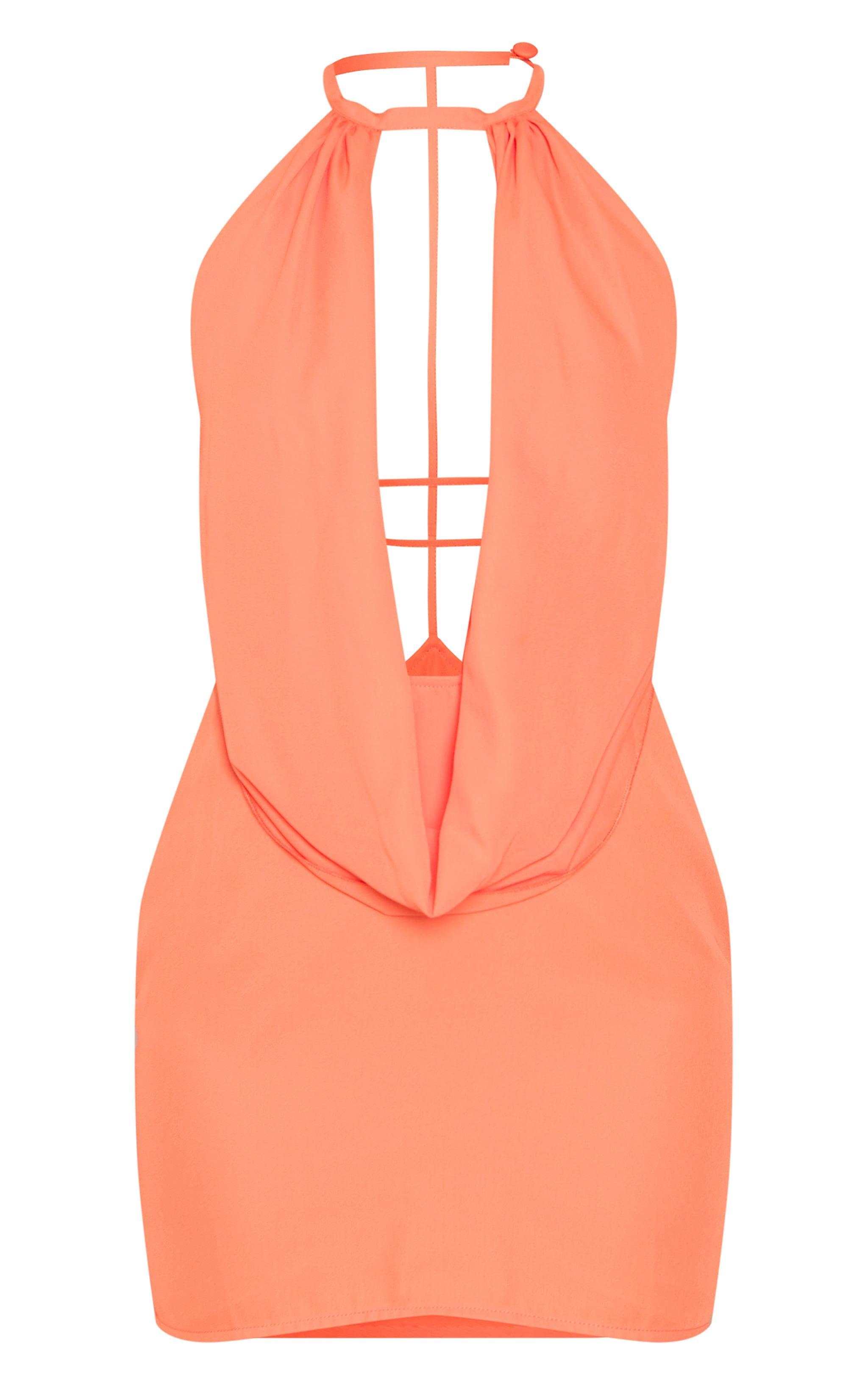 Orange Chiffon Cowl Neck Halter Mini Dress Product Image