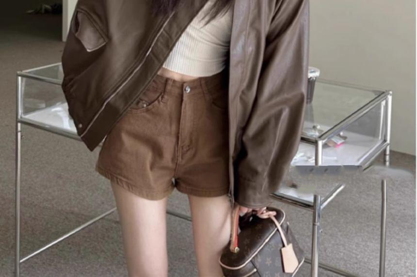 Lapel Collar Plain Faux Leather Oversized Jacket Product Image