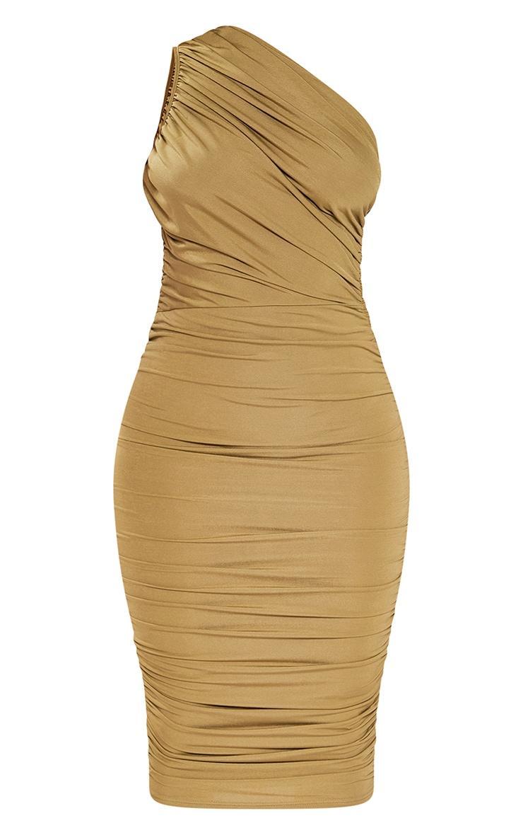 Petite Olive Slinky Ruched One Shoulder Longline Midi Dress Product Image