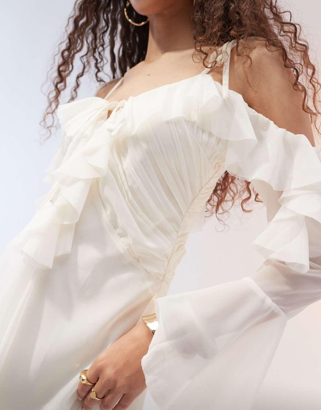 ASOS DESIGN ragged edge mini dress with godets and under layer frills in ivory Product Image