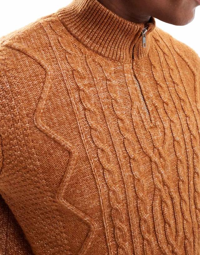 ASOS DESIGN heavyweight cable knit quarter zip sweater in tan Product Image