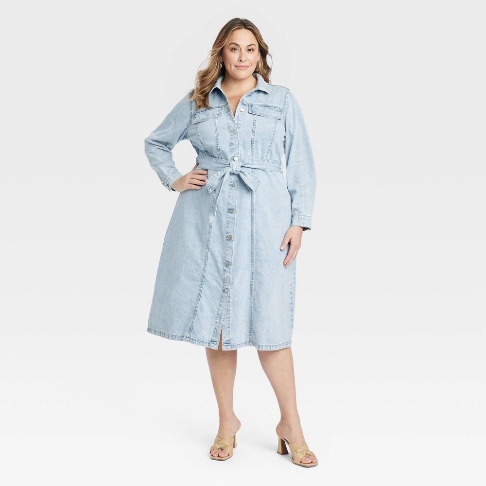 Womens Long Sleeve Shirtdress - Ava & Viv Light Wash Product Image