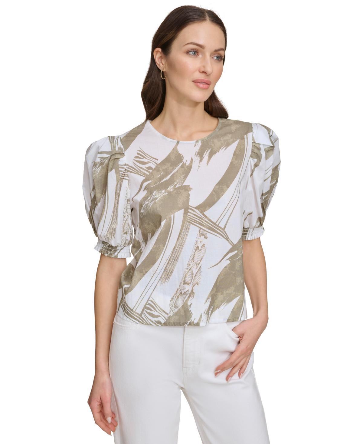 Dkny Womens Voile Printed Puff-Shoulder Woven Crewneck Top Product Image