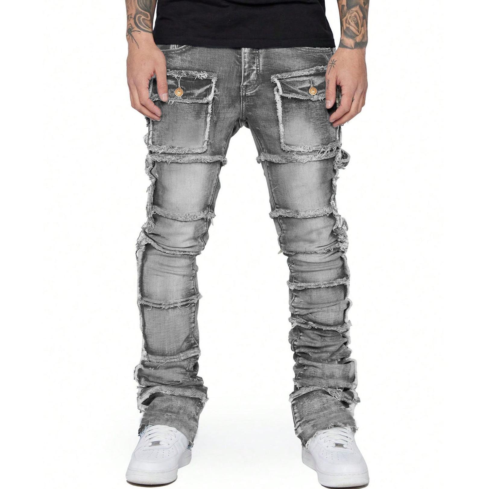 Hiphop Fashion Stretch Patch Cargo Straight Jeans Product Image