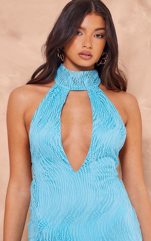 Bright Blue Crochet High Neck Halterneck Mini Dress Product Image