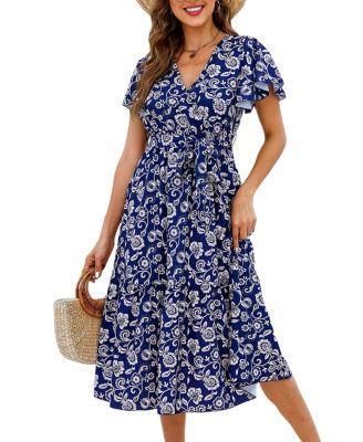 Cupshe Womens Navy Floral V-Neck Flared Sleeve Maxi Beach Dress Product Image