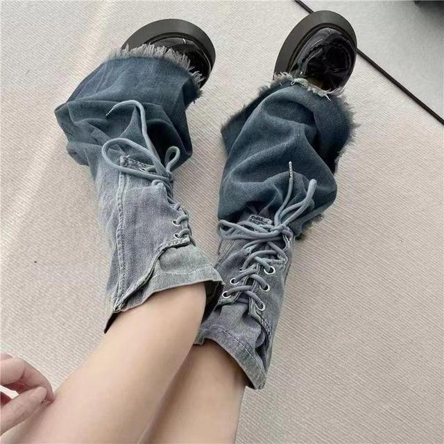 Washed Fray Lace Up Denim Leg Warmers Product Image