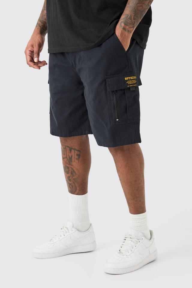 Plus Fixed Waist Twill Relaxed Cargo Zip Detail Tab Short | boohooMAN USA Product Image