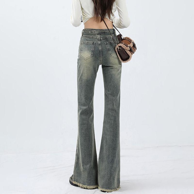 High Rise Washed Fringed Hem Flared Jeans Product Image