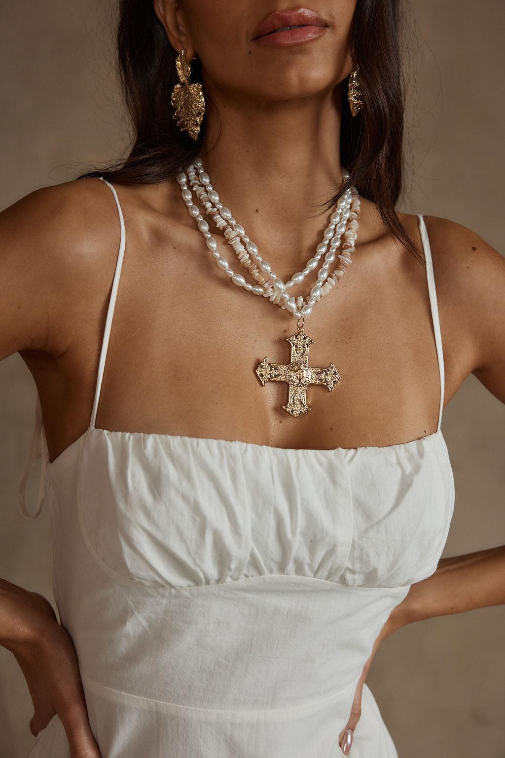 Angelica Gold Pearl Cross Statement Necklace Product Image