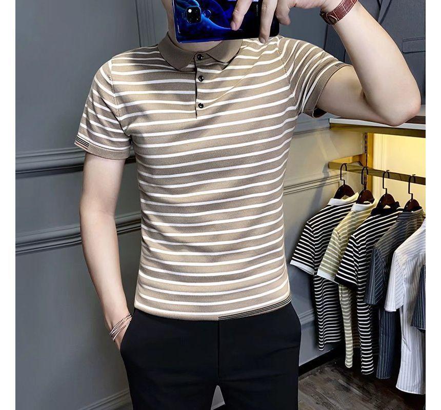 Short-Sleeve Striped Polo Knit Top Product Image