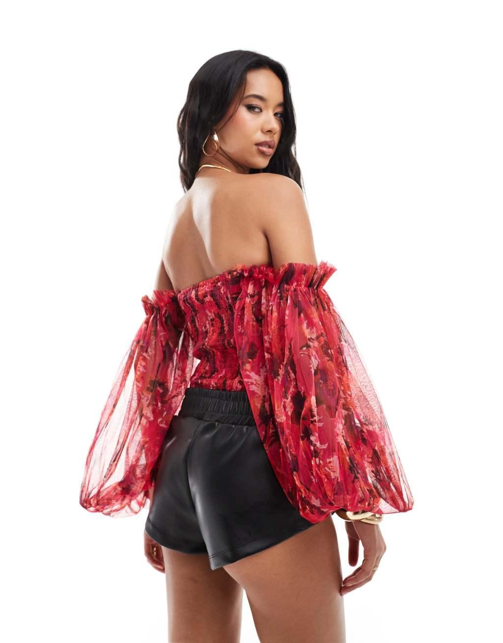 Lace & Beads balloon sleeve ruched bodysuit in red floral Product Image