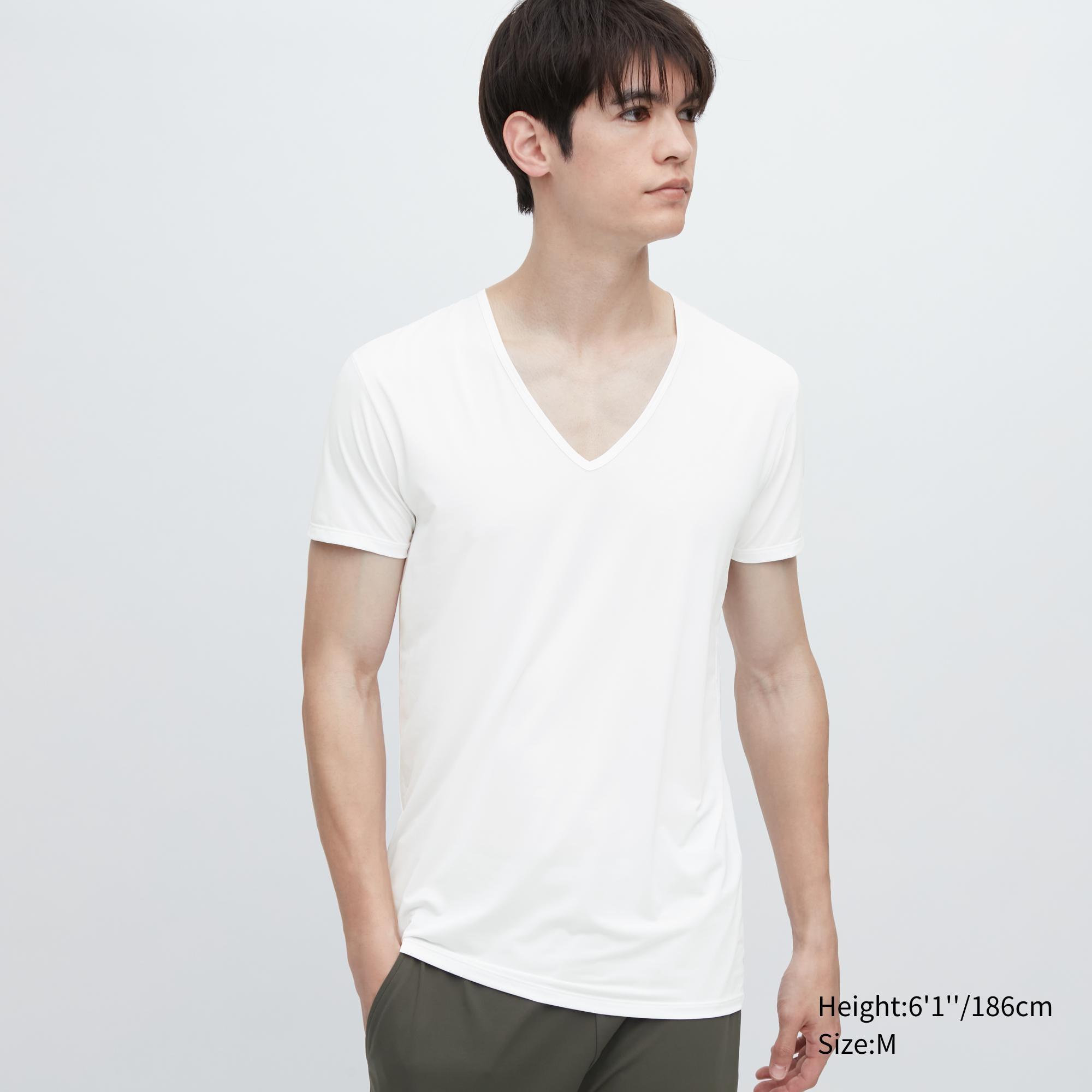 Mens Airism V-Neck T-Shirt with Odor Control White 2XL UNIQLO US Product Image