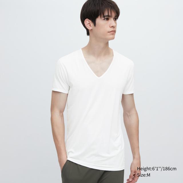 Mens Airism V-Neck T-Shirt with Odor Control White Medium UNIQLO US Product Image