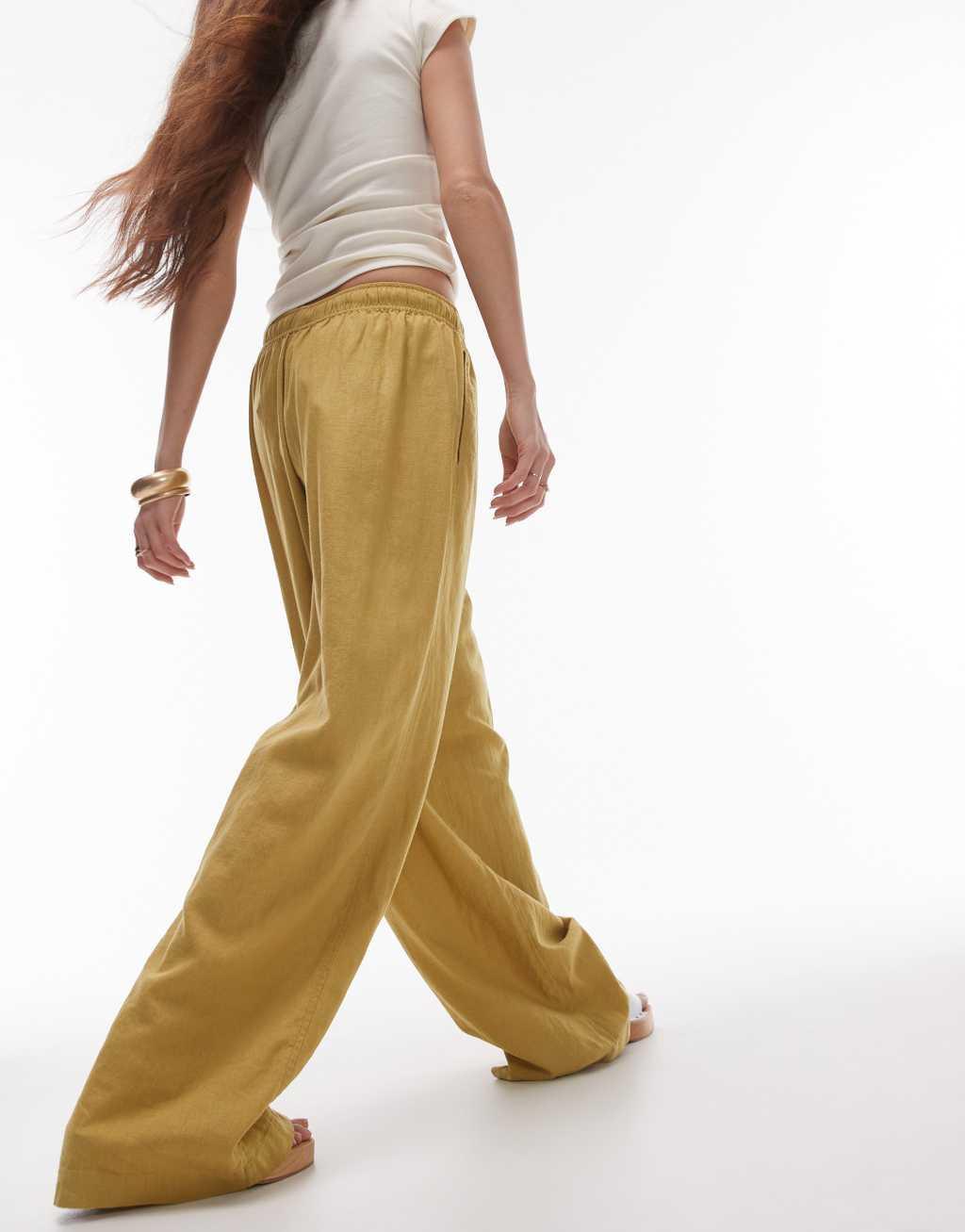 Topshop linen blend balloon pants in green Product Image