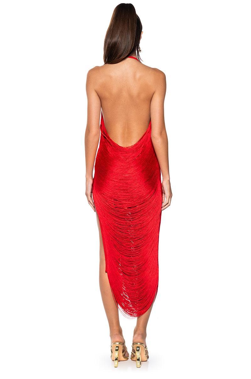 GIANINA FRINGED COWL NECK MAXI DRESS IN RED Product Image